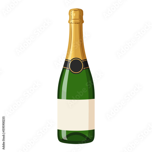 Illustration of a green champagne bottle with a golden top and blank label, isolated on white.
