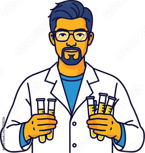 Scientist cartoon character in lab coat holding test tubes filled with yellow liquid, perfect for science, research, or medical illustrations and designs.