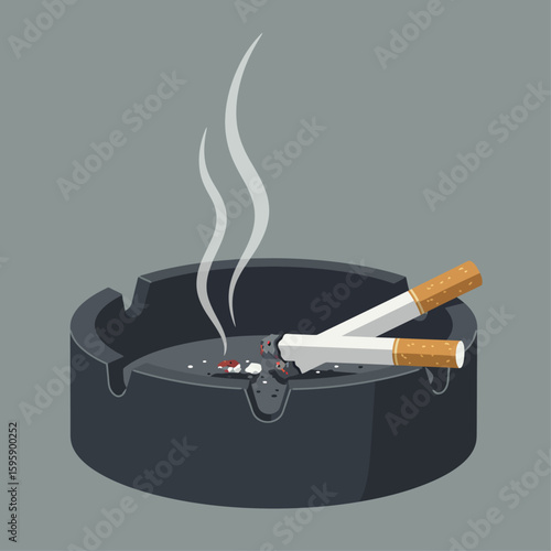 An ashtray containing two lit cigarettes, with smoke rising, against a gray background.