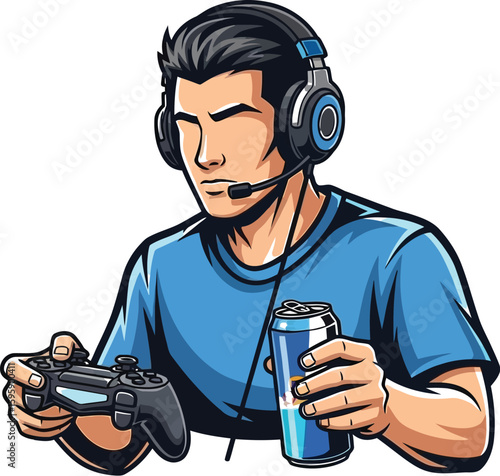 A focused gamer with headset and controller enjoys a drink, showcasing the intensity and relaxation of esports and gaming culture in a vibrant illustration.