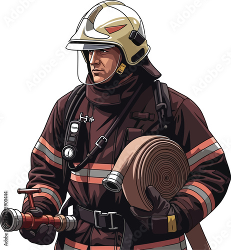 A brave firefighter stands ready, clad in protective gear and helmet, holding a hose, embodying courage and preparedness for emergency response.