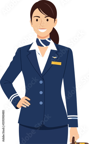 A smiling flight attendant in a blue uniform stands confidently, showcasing airline professionalism and service in a welcoming and approachable manner.