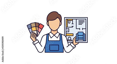 A charming illustration showcases an interior designer holding color swatches and a blueprint, perfect for conveying design concepts and home improvement ideas with a modern touch.