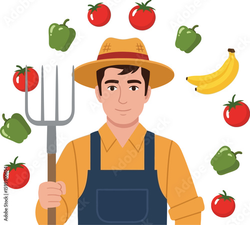 A cheerful farmer with a straw hat holds a pitchfork, surrounded by fresh tomatoes, green peppers, and bananas, showcasing agricultural abundance and harvest.