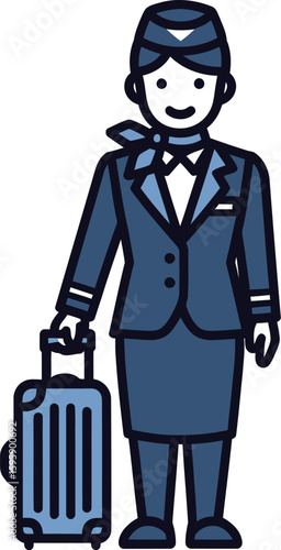 A friendly flight attendant in a blue uniform stands with her luggage, ready for travel, showcasing aviation and service industry themes in a clean, modern style.