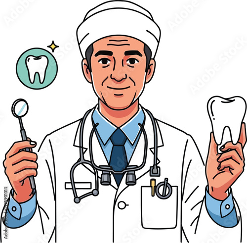 A friendly dentist in a white coat holds a tooth and dental mirror, promoting oral health and dental care with a clean, professional cartoon illustration.