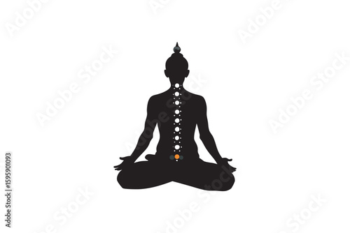 Silhouette of a meditating person in lotus position with highlighted chakras representing energy centers and spiritual practice isolated on a white background for clarity. Art & Illustration