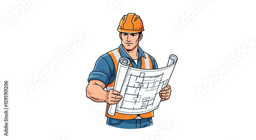 Cartoon builder in hardhat and safety vest carefully examines a detailed architectural blueprint, showcasing construction, engineering, and project planning expertise.