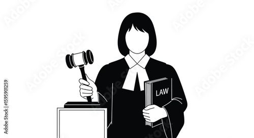 A monochrome illustration showcases a judge holding a gavel and a law book, symbolizing justice and legal proceedings, ideal for legal themes and educational content.
