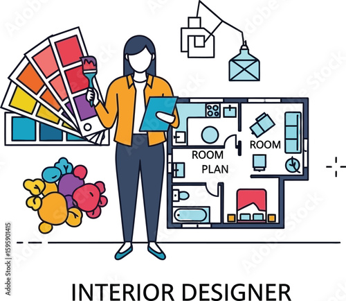 A creative interior designer stands with a color palette and room plan, showcasing design elements like furniture, lighting, and a vibrant color scheme for home decor.
