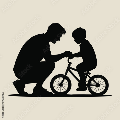 Silhouette of Father Teaching Son to Ride a Bike Together