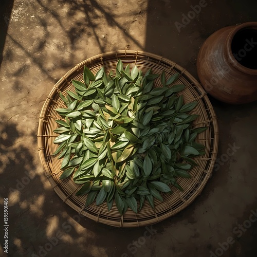 Fresh green tea leaves on a wooden table with natural herbs and spa elements