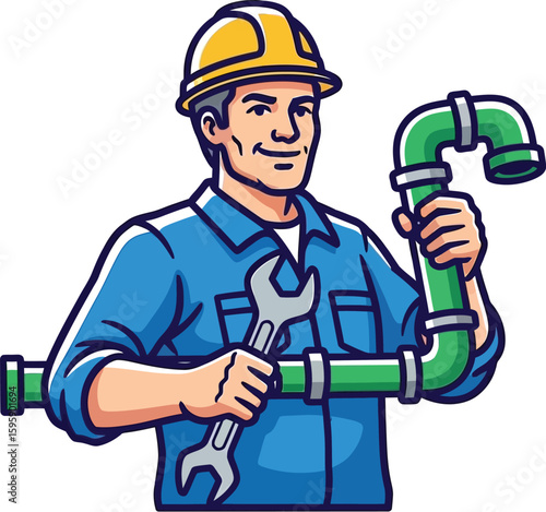 Cartoon plumber character with a wrench and pipe, wearing a yellow hard hat and blue shirt, showcasing a professional in the plumbing industry with a friendly smile.