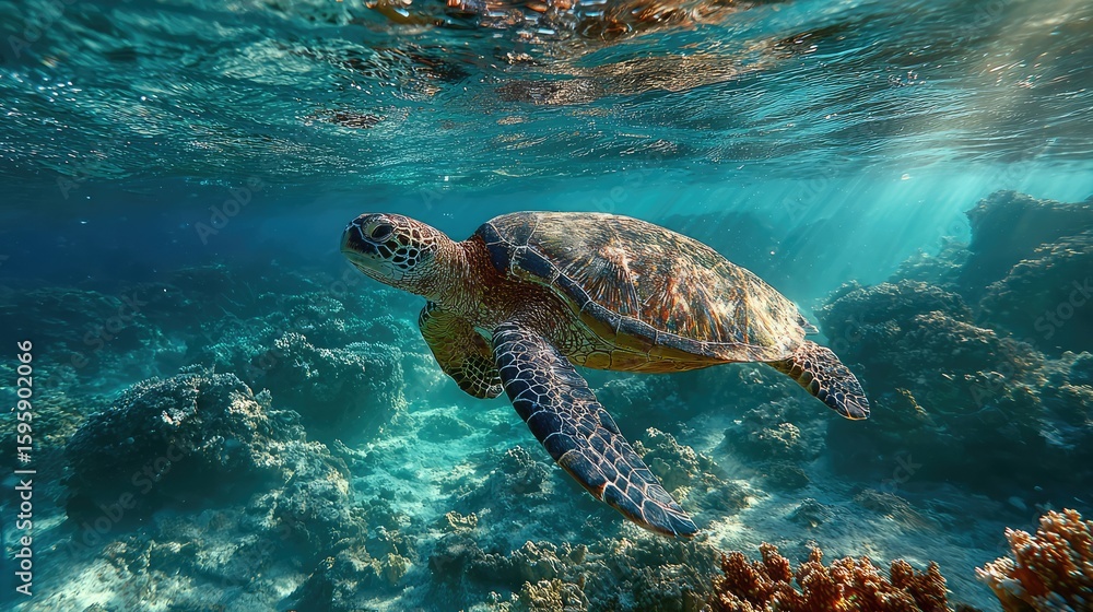 Fototapeta premium Green sea turtle swimming peacefully in clear ocean waters near a coral reef.