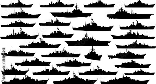 Warship navy silhouettes set, large pack of vector silhouette design, isolated white background.
