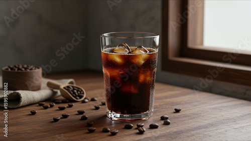 Iced Coffee with Beans on Wooden Table