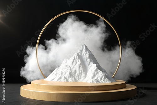 Minimal White Mountain Silhouette Encircled by Golden Ring on Black Background