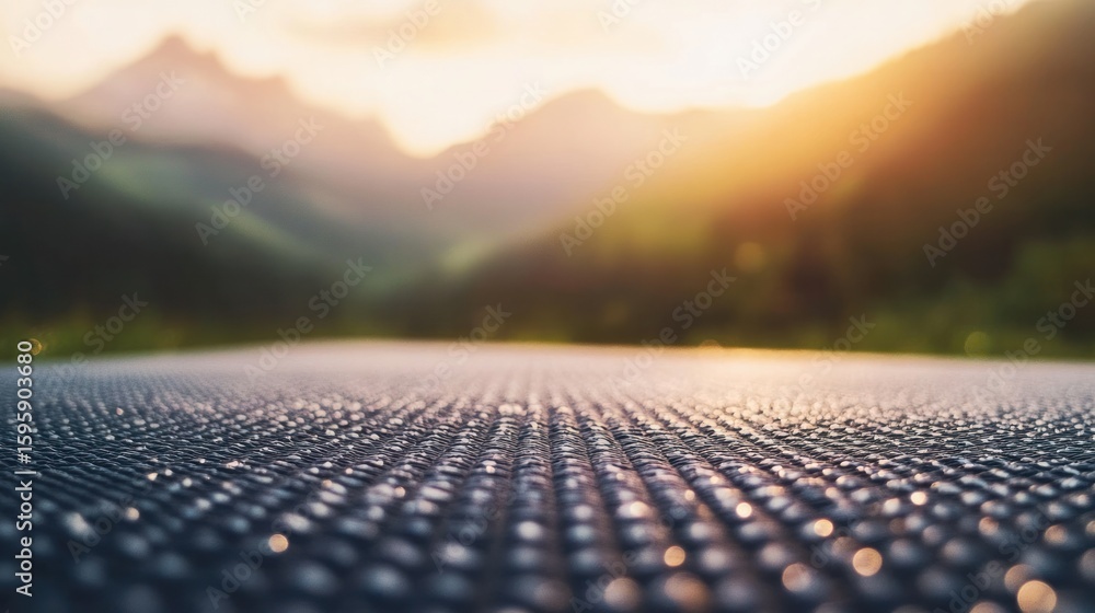 Fototapeta premium Textured Horizon: A textured, glistening surface contrasts with a serene mountain landscape at dawn, evoking a sense of calm and vastness.
