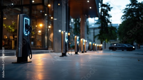 Modern Electric Vehicle Charging Stations at Night in City