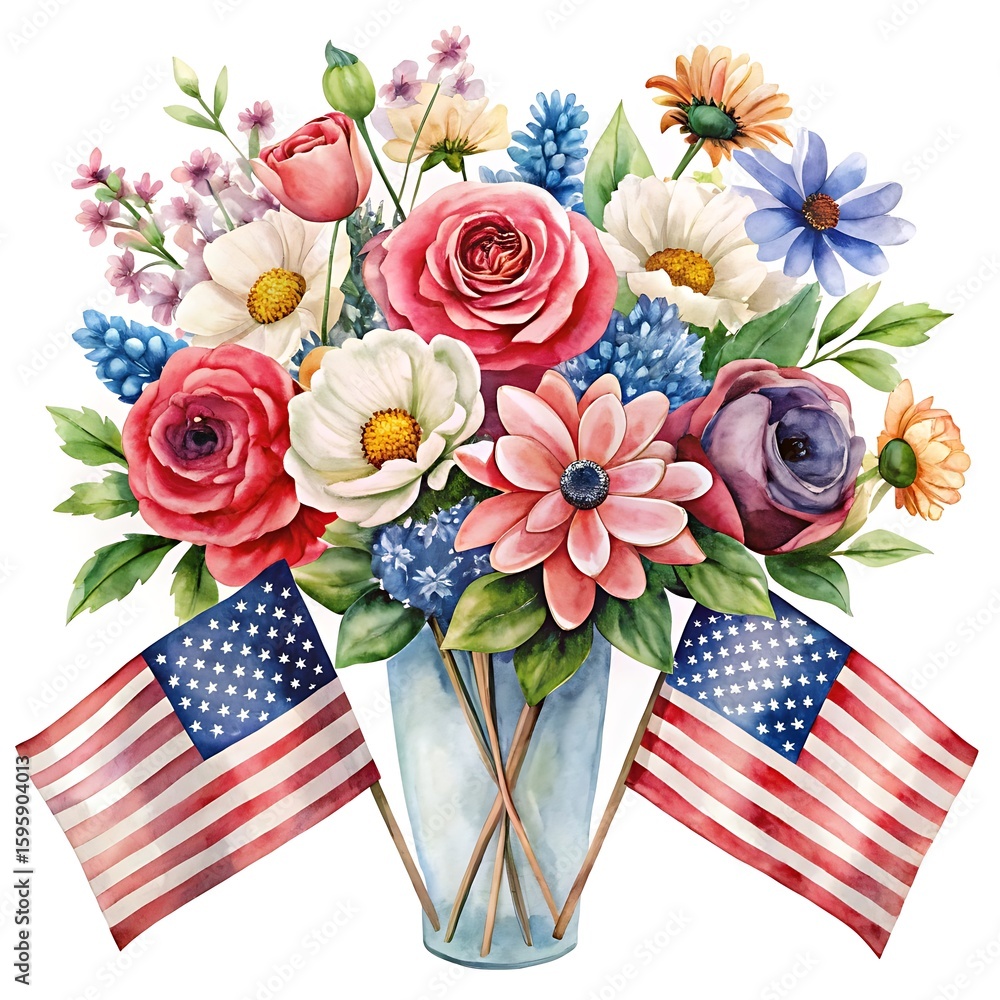 Obraz premium Vase with a bouquet of flowers and two american flags