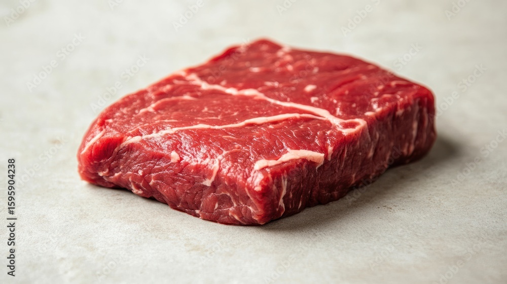 Fototapeta premium Raw Steak: A close-up of a raw steak, showcasing the rich red color and texture, highlighting the quality and freshness of the meat.