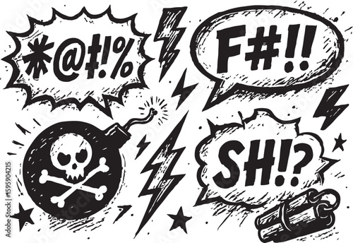 Black and white comic style expletives and symbols