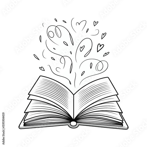 Open Book with Hearts and Swirls Black and White Illustration