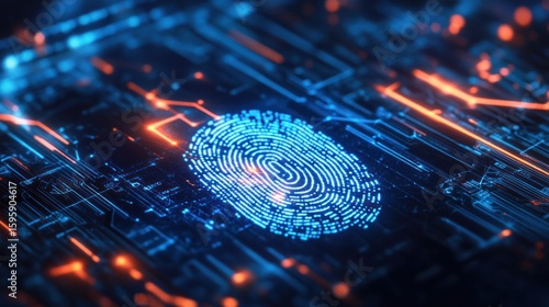 Cyber Security Fingerprint: A luminous digital fingerprint sits at the heart of a high-tech circuit board, radiating an aura of security and intricate technology. 