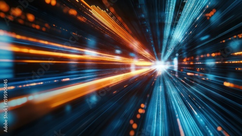 Digital Speed and Futuristic Tunnel: A visual journey through a high-tech tunnel with fast-moving, energetic light trails, creating a sense of rapid advancement and digital dynamism.