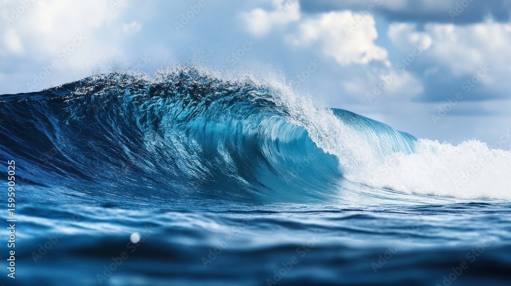 Fototapeta premium Ocean's Majesty: A breathtaking view captures a towering, cerulean wave, with its crest poised to break, set against a backdrop of a captivating cloudy sky.
