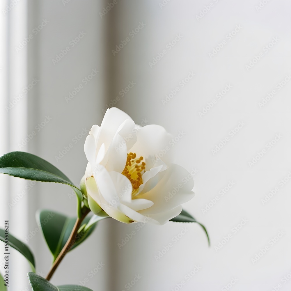 Obraz premium Close-up of a single white camellia flower with yellow stamens and green leaves against a blurred white background.