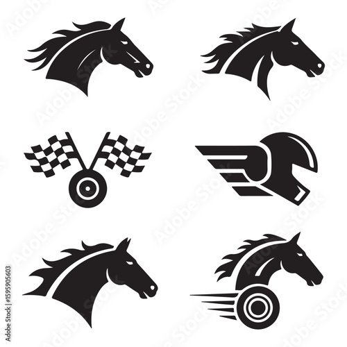 A collection of black and white vector images featuring horse heads racing flags and a winged helmet design