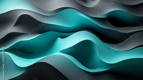 Fluid Teal and Black Abstract Waves: Dynamic Background Texture