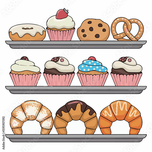 Bakery goods assortment of sweet treats including croissants cupcakes donut cookie and pretzel display 100
