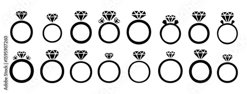 Diamond Ring Icon Set:Engagement and Wedding Jewelry Symbols
