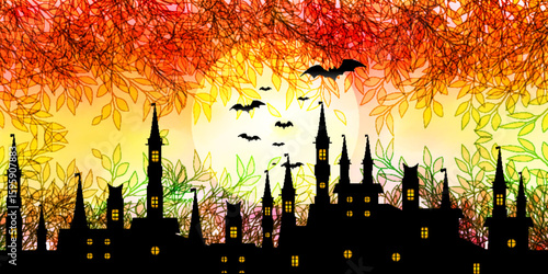 ハロウィン　紅葉　城　背景