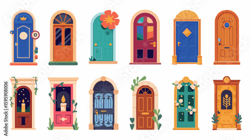 Colorful decorative doors vector illustration set collection front entrance designs architecture 100