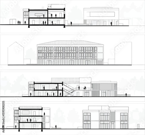 Architectural drawings showcasing building elevations and cross sections with detailed structural elements and human figures