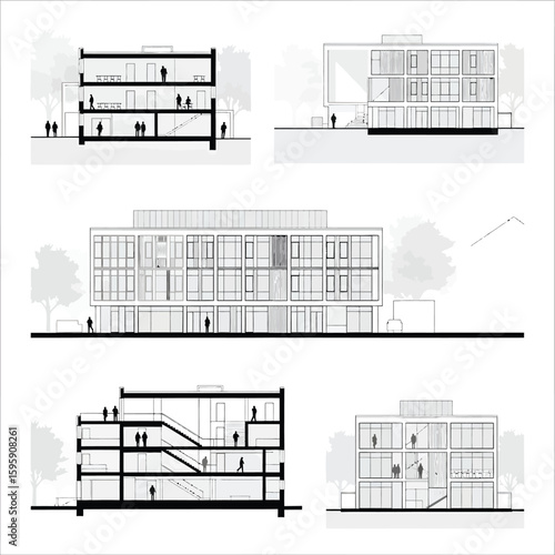 Architectural drawings showcasing building sections and elevations with people and trees