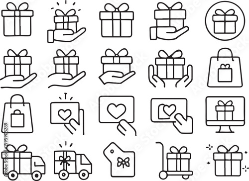 Gift box icons with hands shopping bag and delivery truck