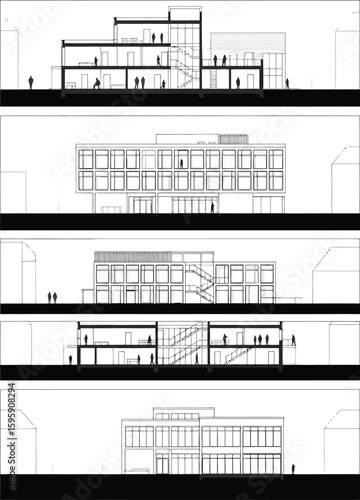Architectural building sections showing interior spaces and structural elements with human figures for scale