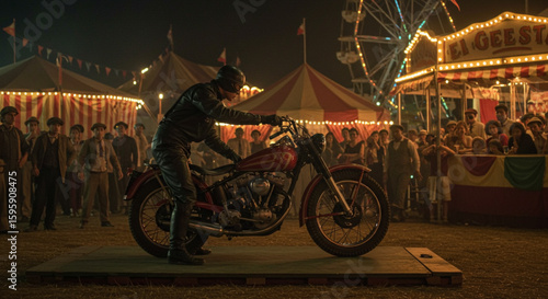 Vintage Motorcycle Stunt Rider Ready to Perform at a Nighttime Carnival