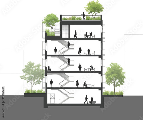 Architectural cross section of a modern multi story building with green spaces and people