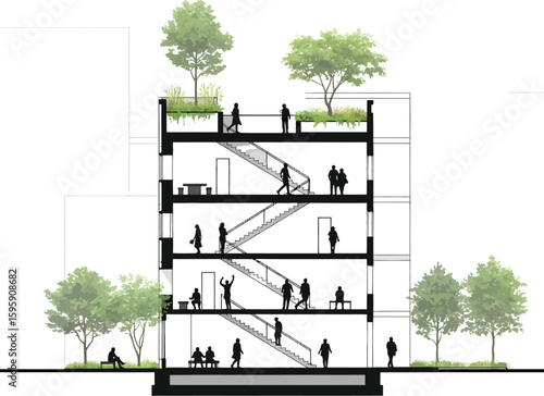 Architectural cross section drawing of a modern building with people and trees on multiple levels