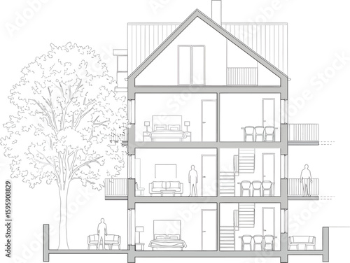 Architectural cross section drawing of a multi story house with furniture and a tree