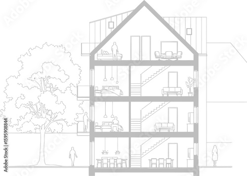 Architectural cross section drawing of a multi story residential house with detailed interior layout and exterior tree