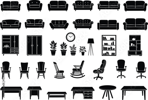 Collection of silhouetted furniture icons including sofas chairs cabinets tables and lamps for interior design