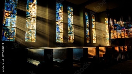 A peaceful church interior with stained glass windows, sunlight casting colorful patterns inside