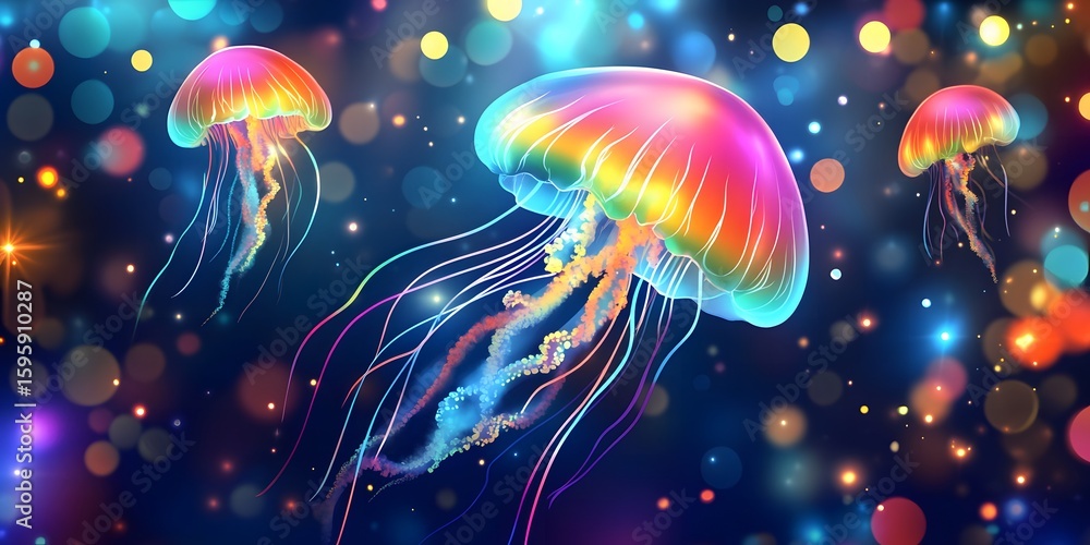 Naklejka premium Vibrant Rainbow Jellyfish Ocean Scene Digital Art Colorful Underwater Marine Life Glowing Bokeh
