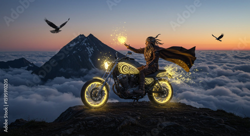Fantasy motorbike adventure Rider on mountain peak with eagles in magical landscape